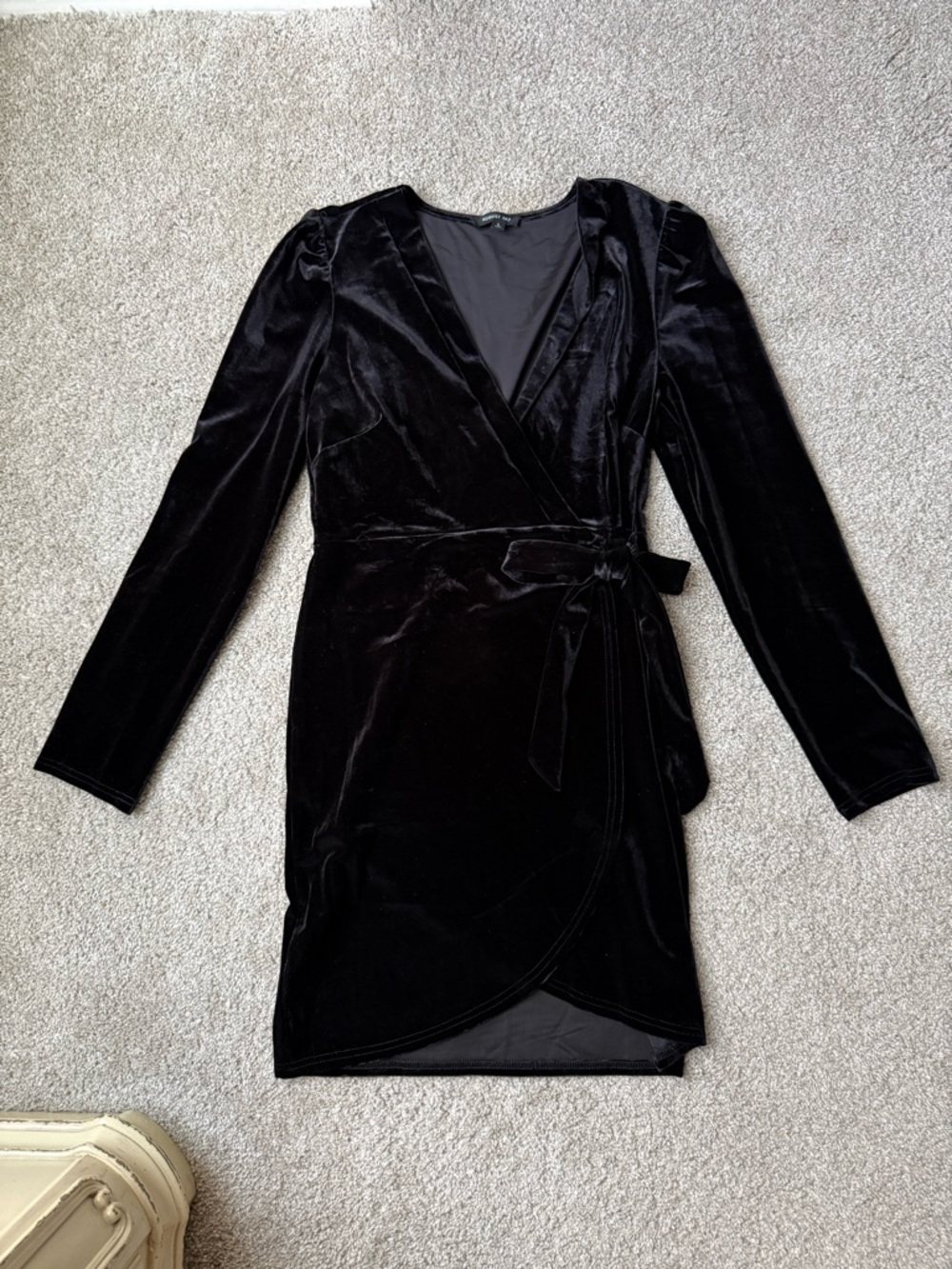 Black Velvet Long-Sleeve Wrap Dress with Tie Waist